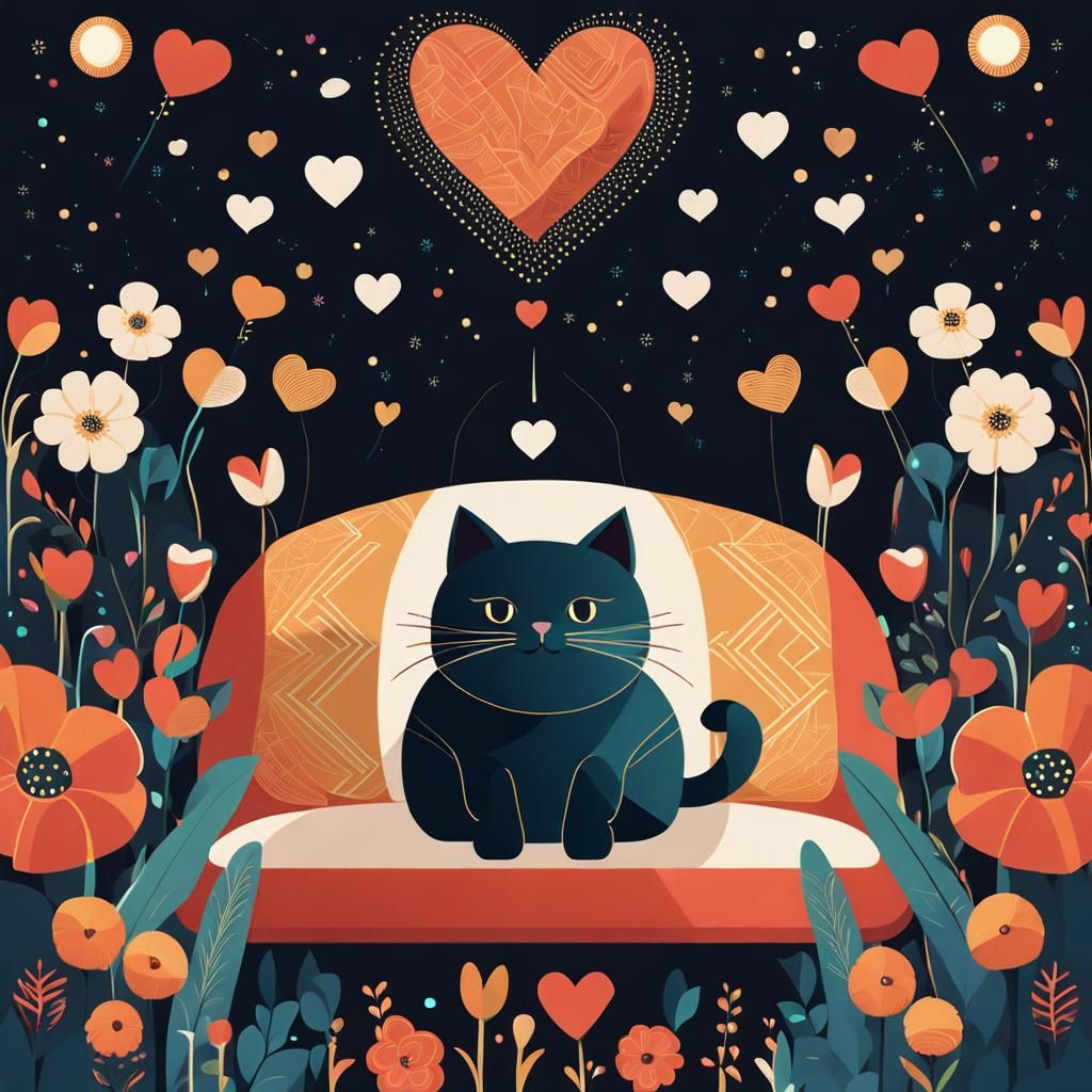 Cute Cat Surrounded by Flowers and Heart Lights