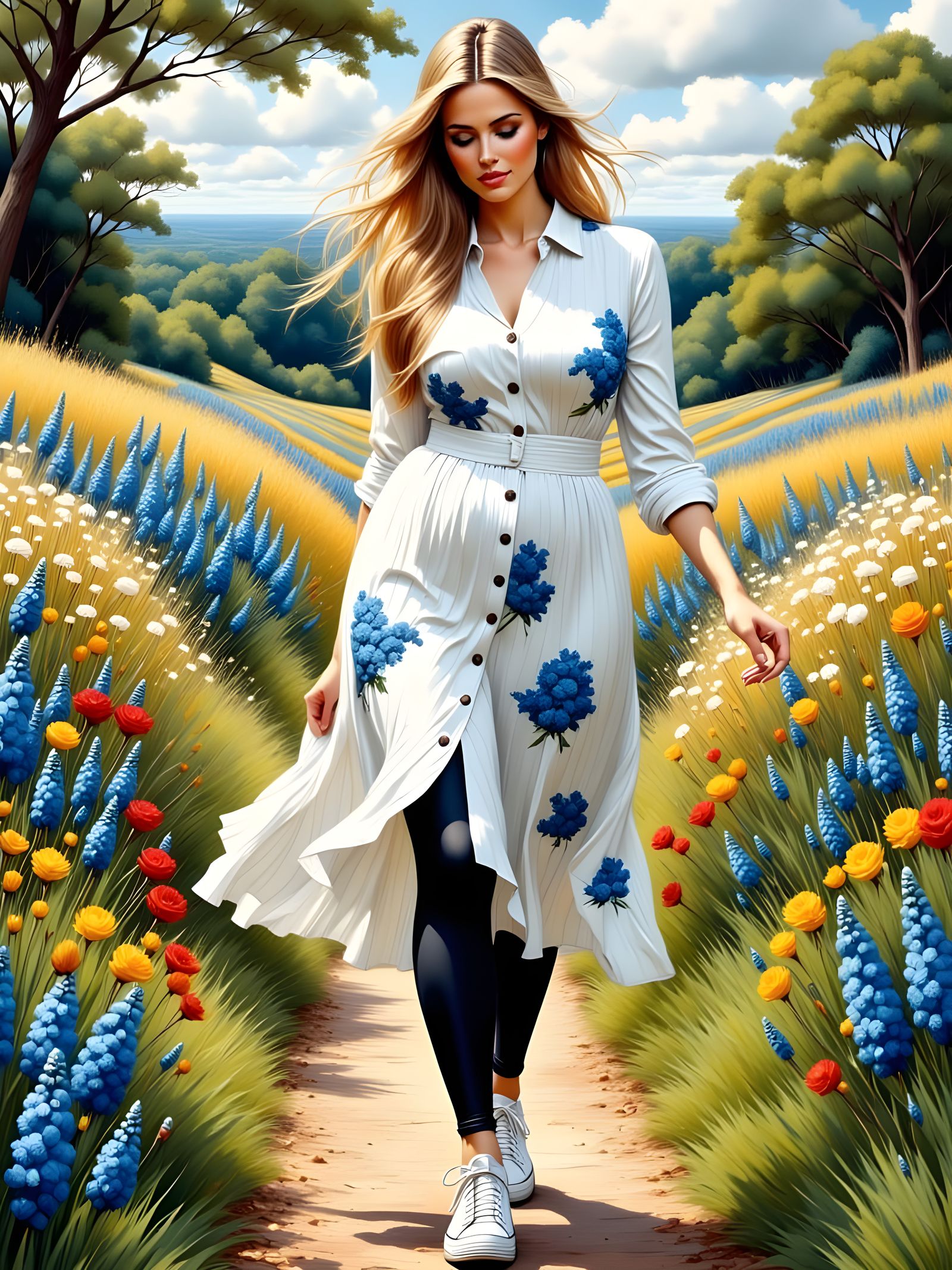 Elegant Woman in Floral Dress Art Nouveau Style