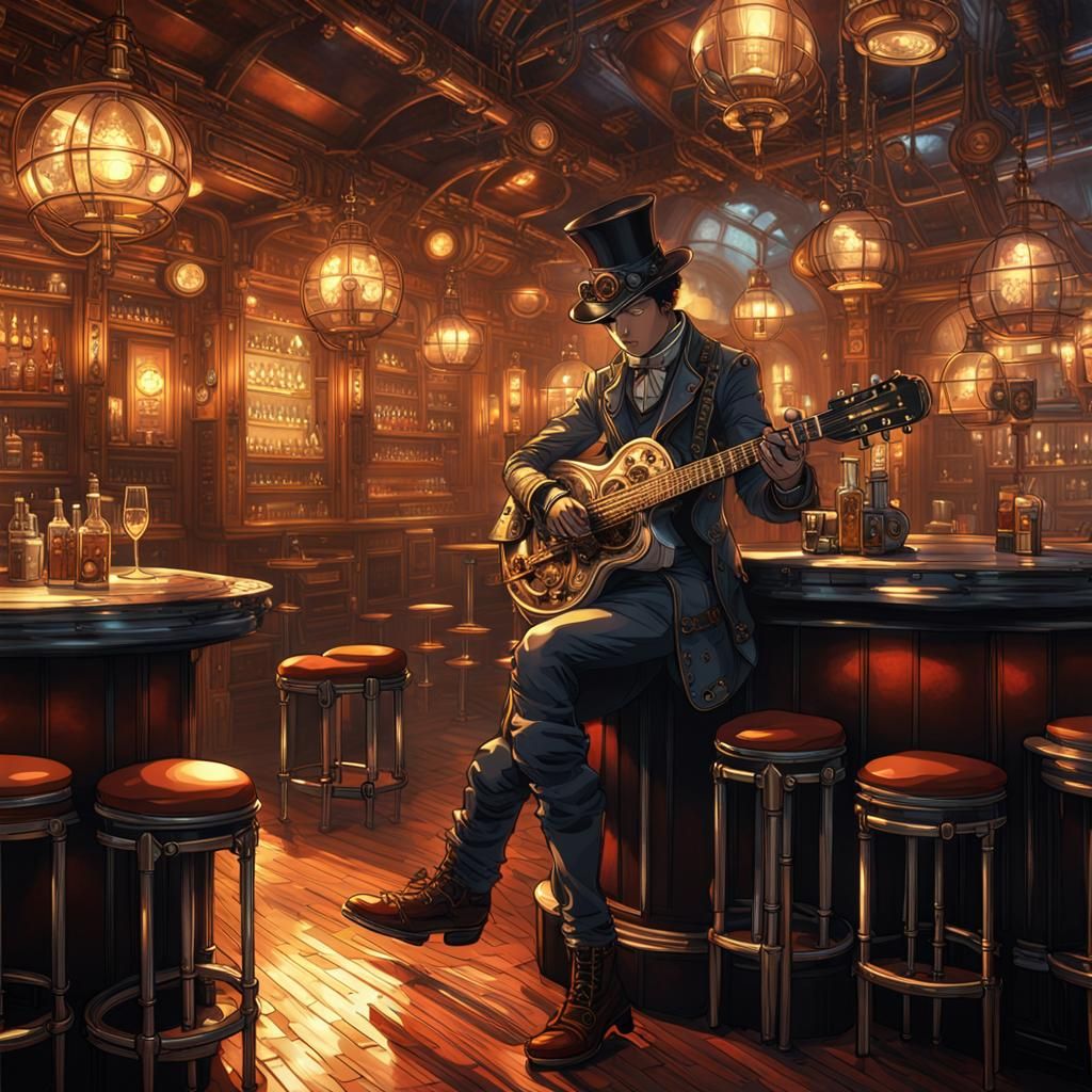 Steampunk Guitar Player in a Victorian Bar
