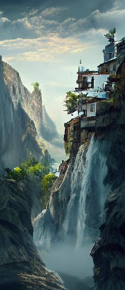 Cliffside Village with Waterfall: Hyperrealist Matte Paintin...