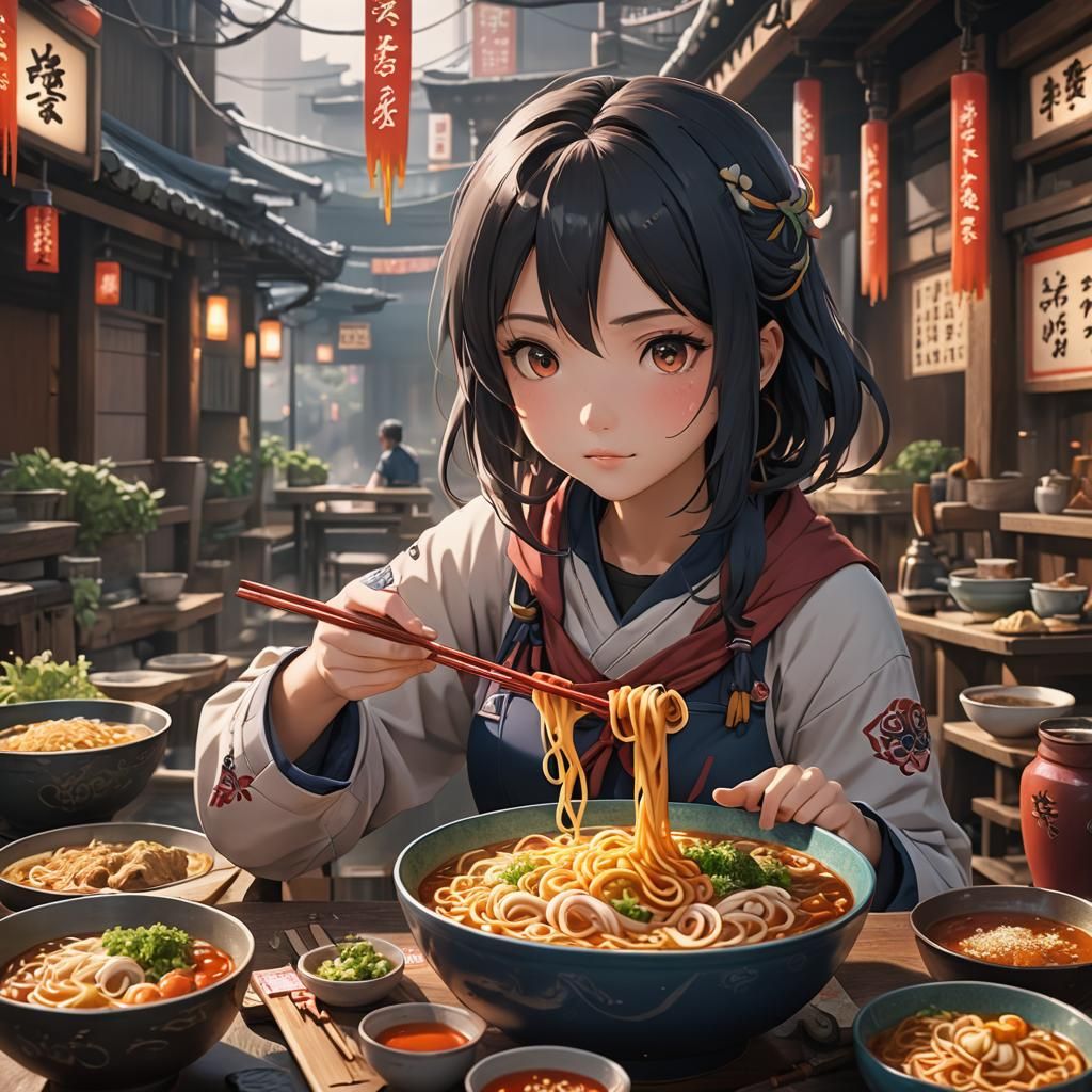 Anime Girl Eating Noodles in Detailed Digital Painting