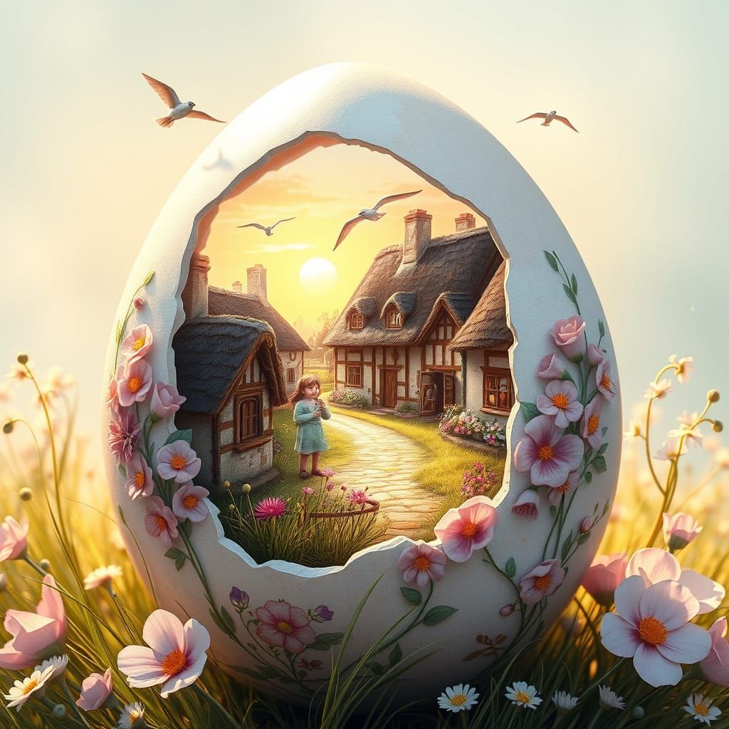 Whimsical Easter Egg Village Scene in Pastel Hues