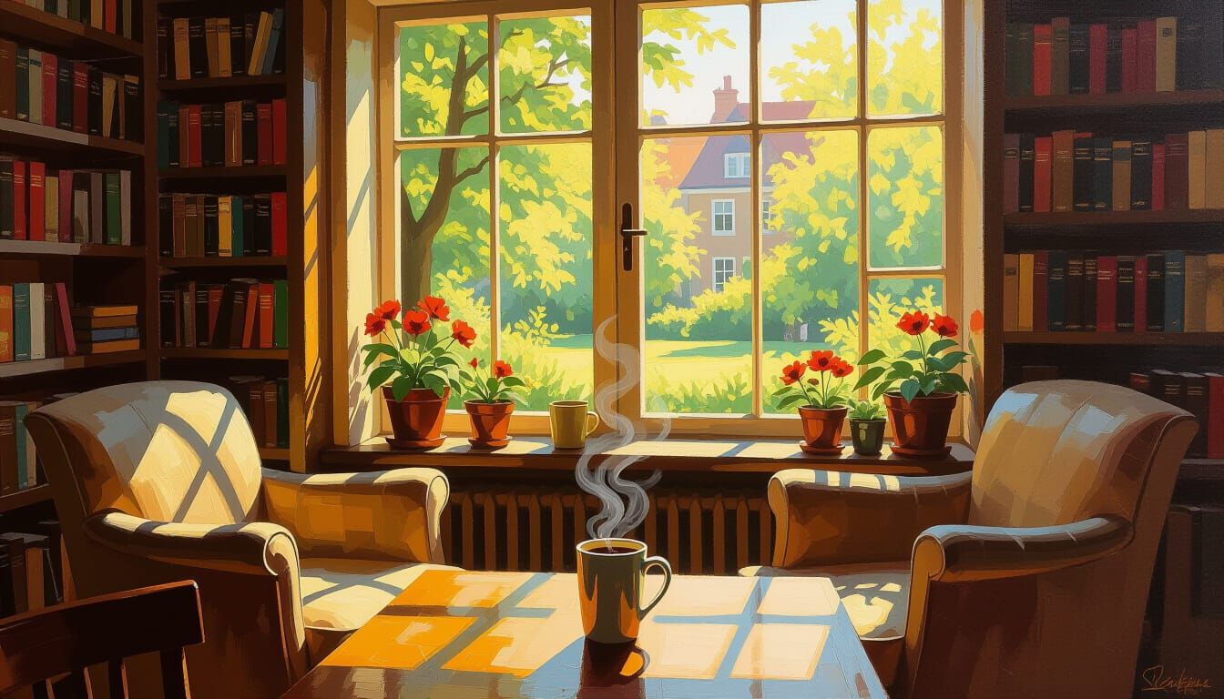 Cozy Sun-Drenched Coffee Shop Interior with Garden View