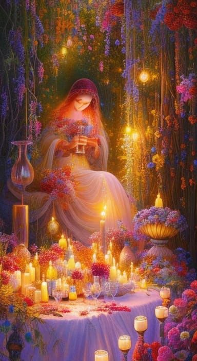 Joyful Woman in Embroidered Lace Room: Gouache Painting