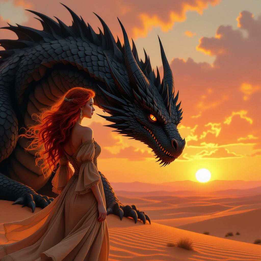 Fiery Woman and Black Dragon at Sunset