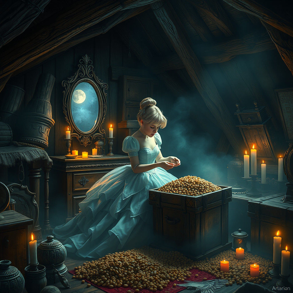 Cinderella Sorting Beans in Mystical Attic, Matte Painting