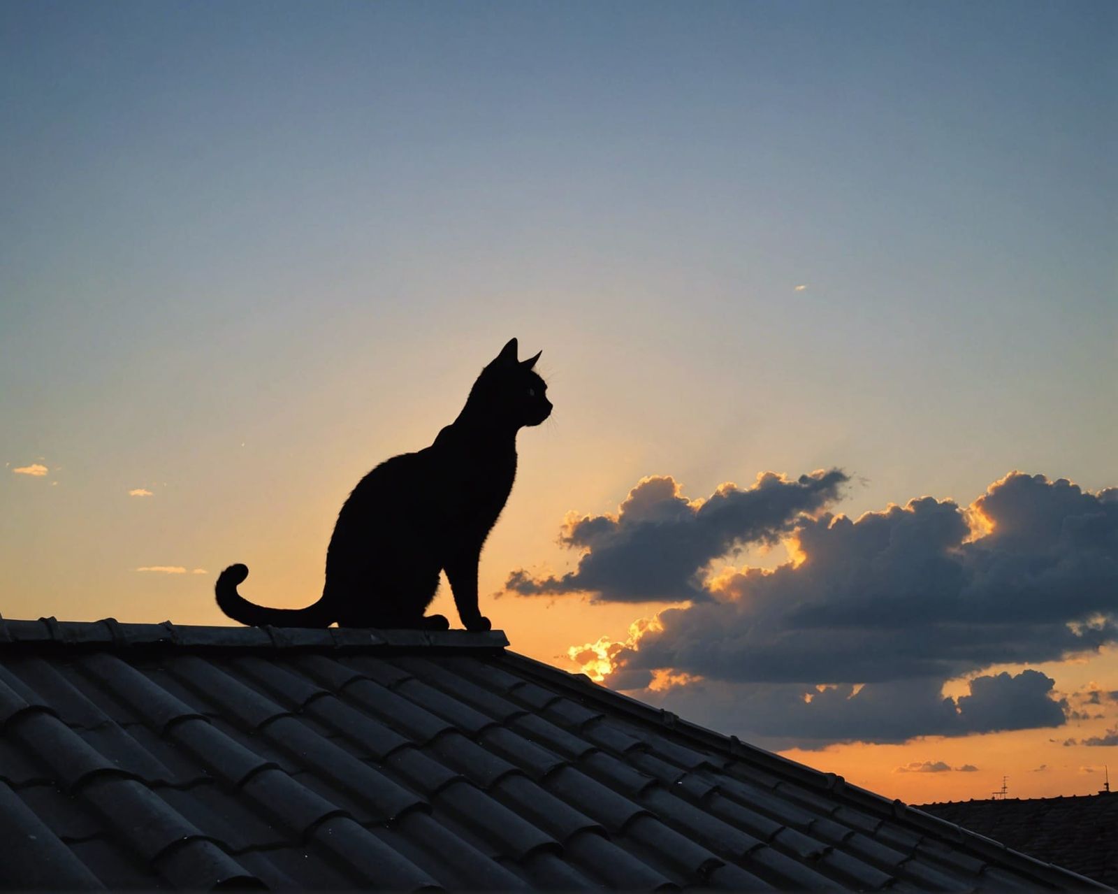 Cat Silhouette on Roof Crest at Sunset
