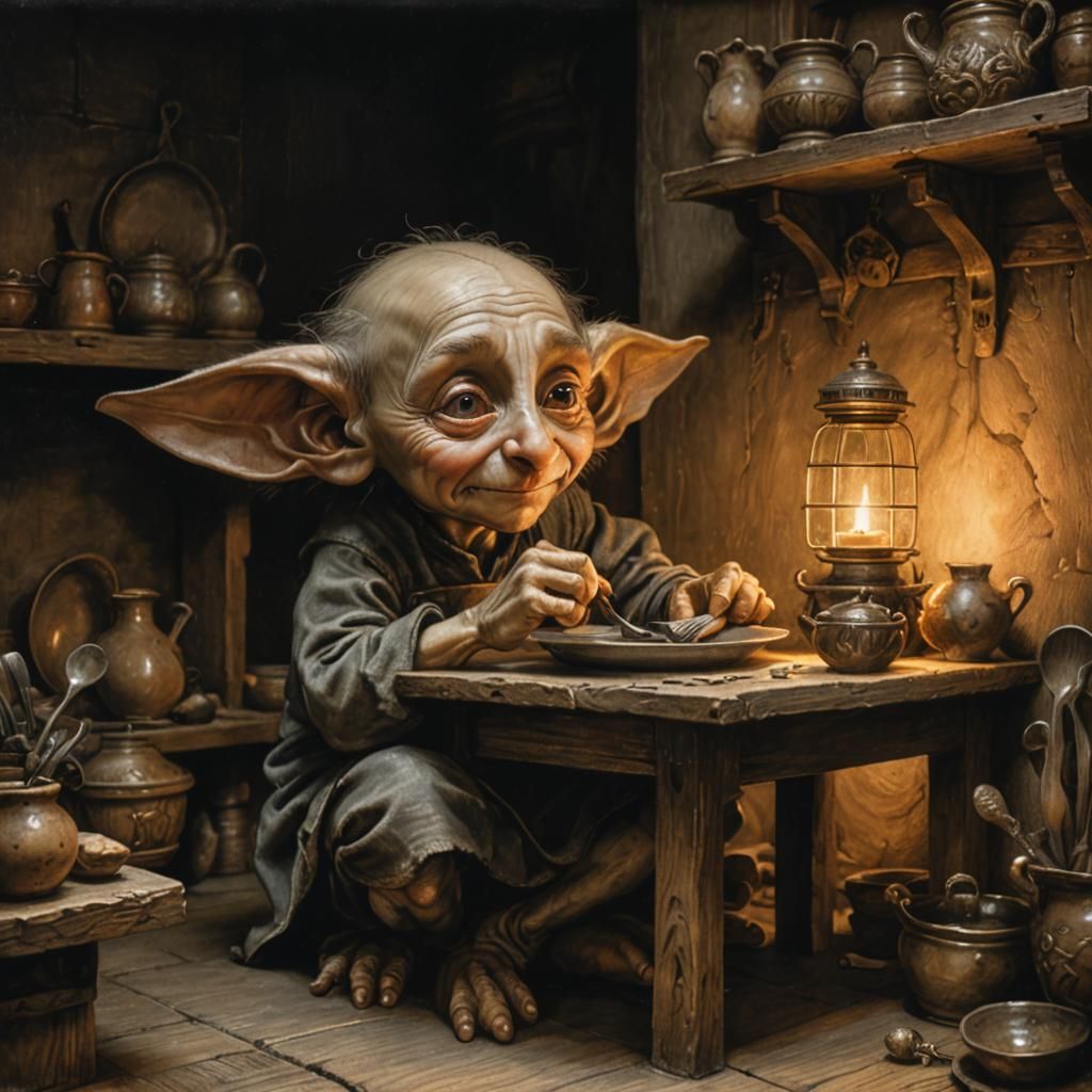 House Elf in Pantry: Hyperdetailed Charcoal Drawing