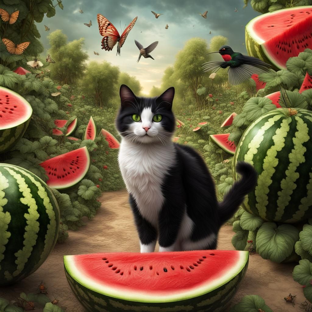 Cat in Watermelon Garden: Hyperrealistic Digital Art