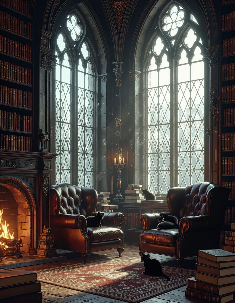 Mystical Gothic Library with Cat in Vintage Style