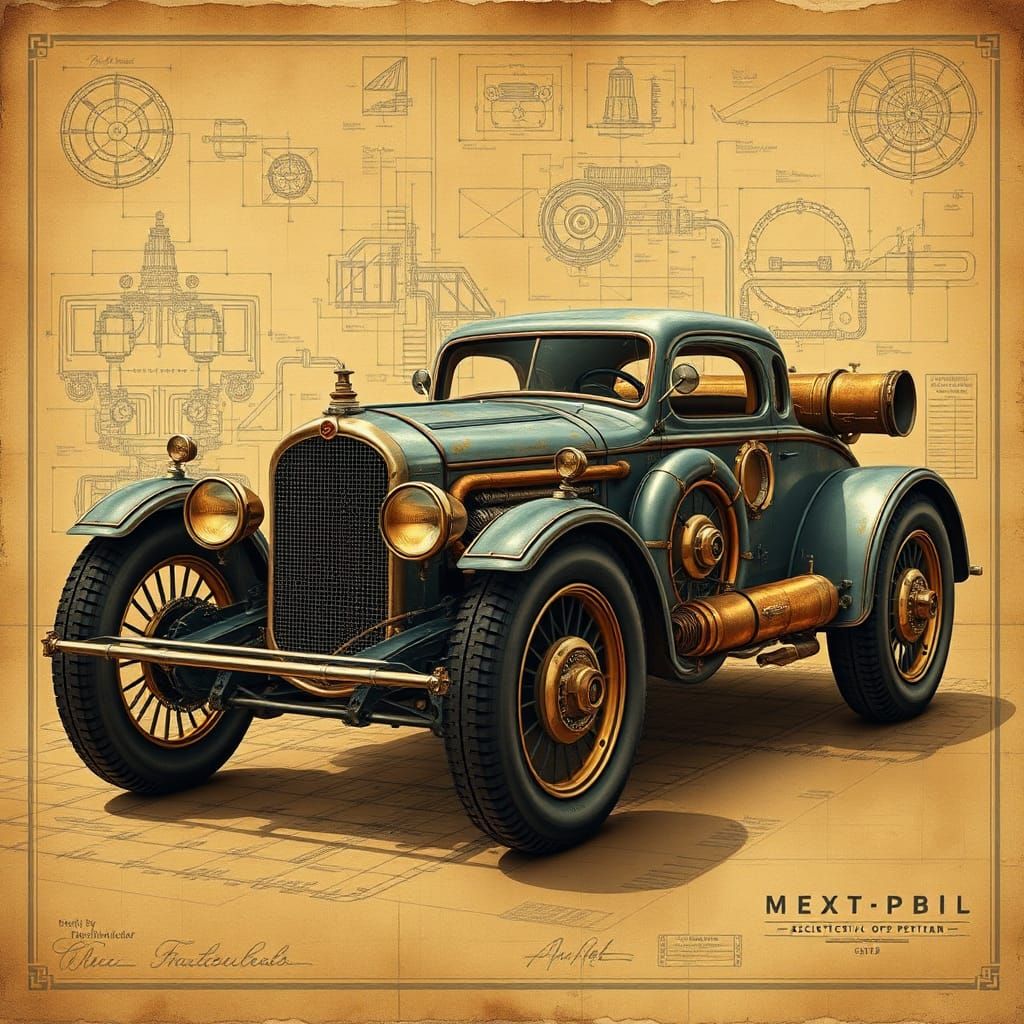 Dieselpunk Automobile on Blueprint, Detailed Illustration