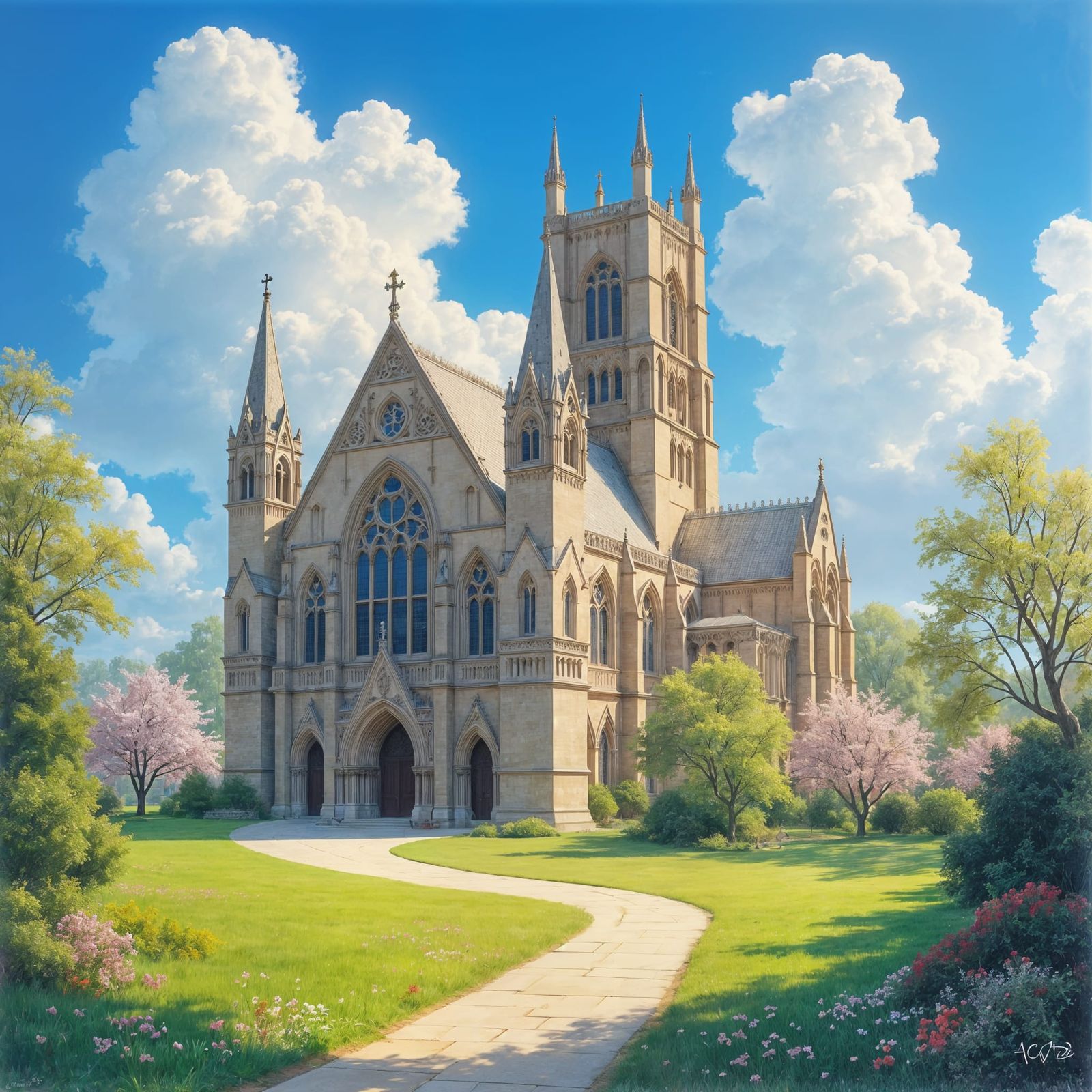 Gothic Cathedral Watercolor on a Sunny Spring Day