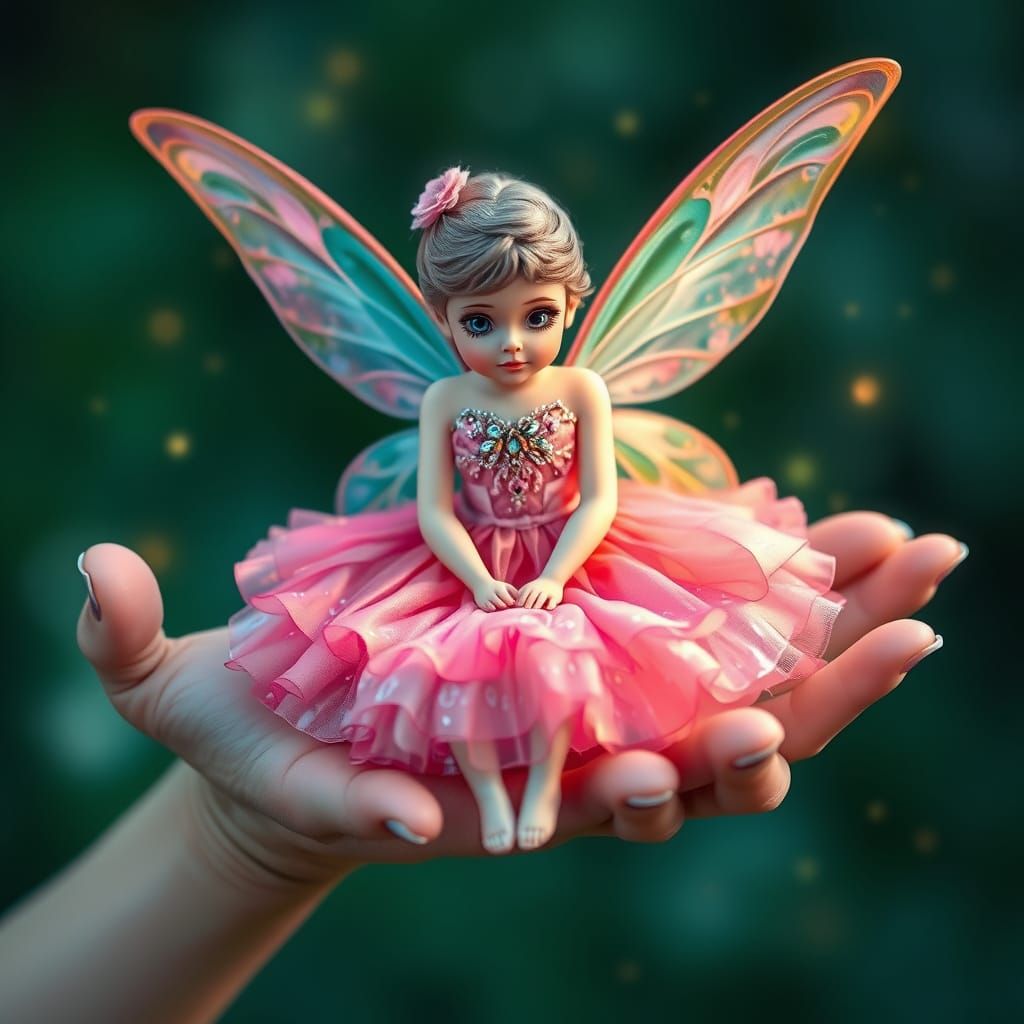 Hyperrealistic Fairy in Girl's Hands with Magic