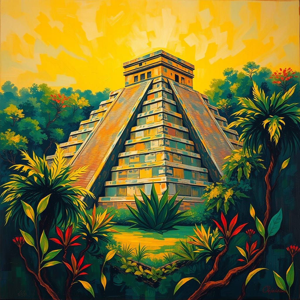 Ancient Aztec Pyramid in Vibrant, Textured Glory