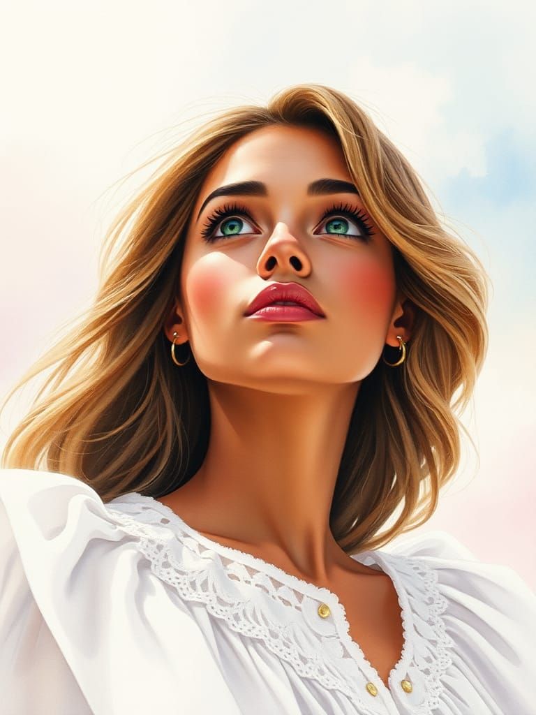 Ethereal Woman Gazing Skyward: Watercolor Portrait