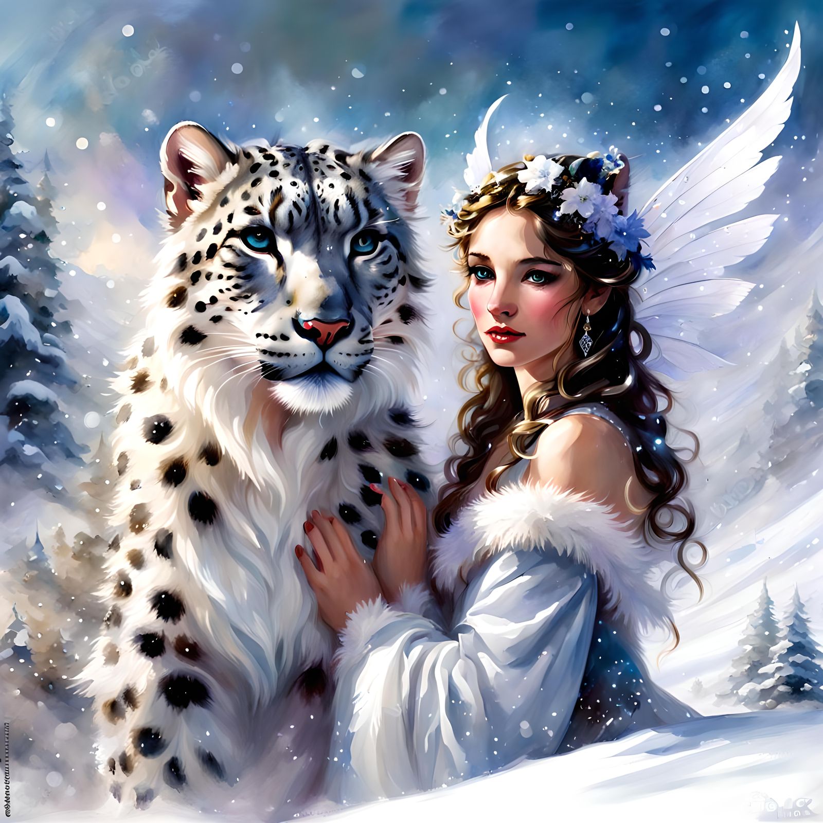 Beautiful fantasy snow fairy and her beautiful snow leopard