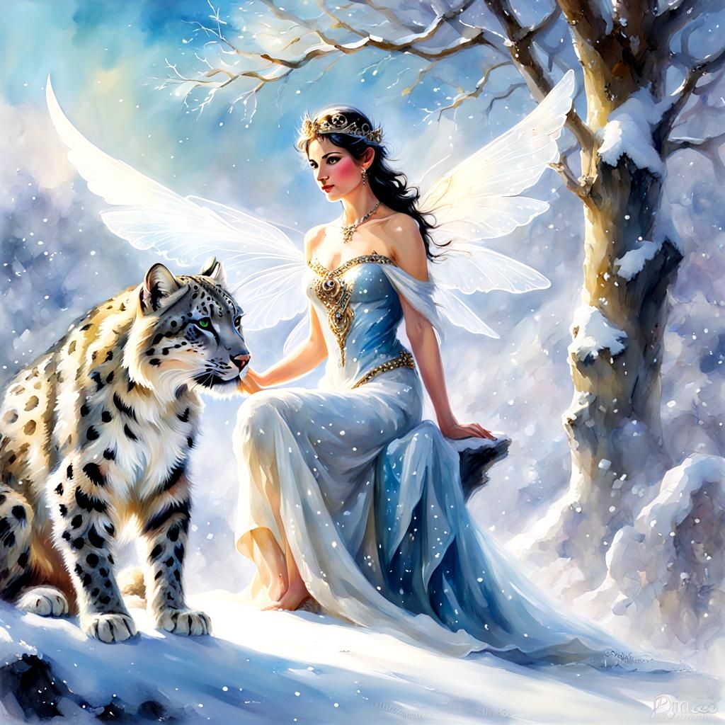 Beautiful fantasy snow fairy and her beautiful snow leopard