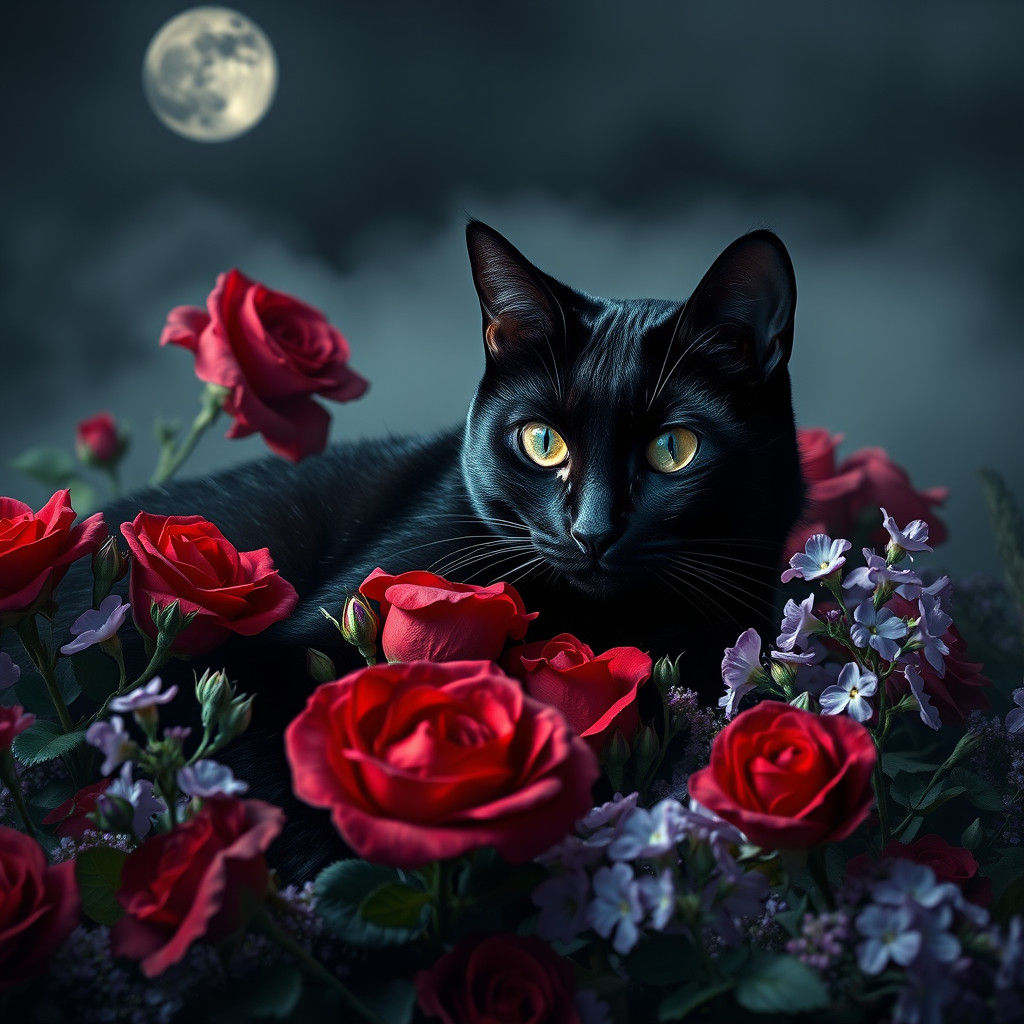 Black Cat in a Moonlit Rose Garden: Hyperrealistic HDR