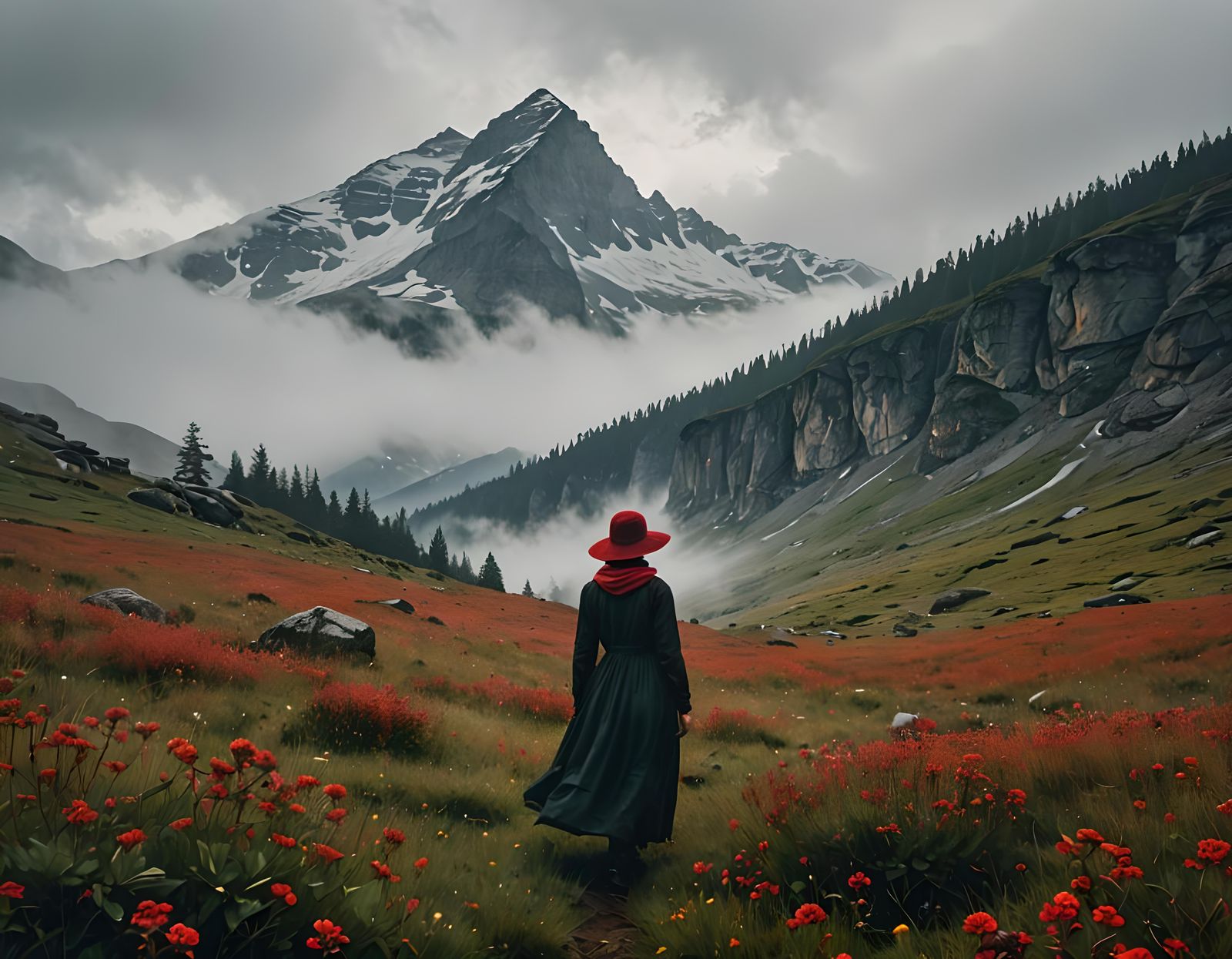 Lone Woman in Misty Meadow: Dufaycolor Photograph
