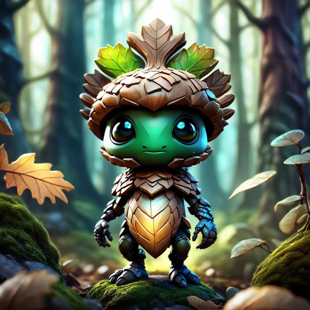 Futuristic Chibi Acorn Humanoid in Mystical Forest