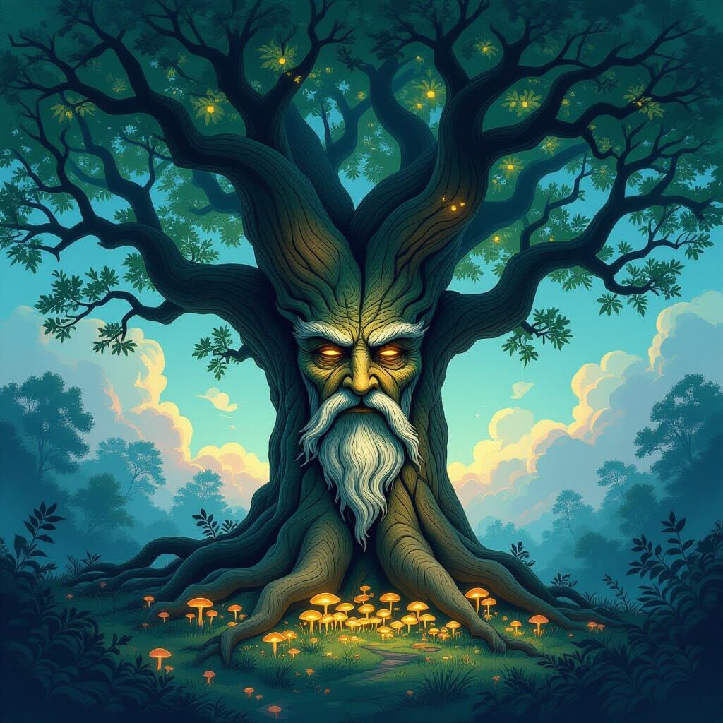 Ancient Oak Tree with Face in Twilight Nebula Sky