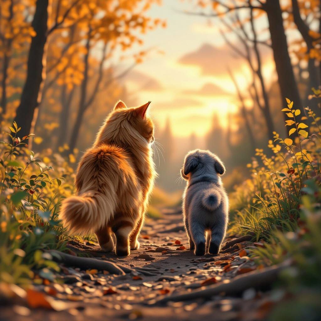 Fluffy Orange Cat and Muddy Puppy on Forest Path