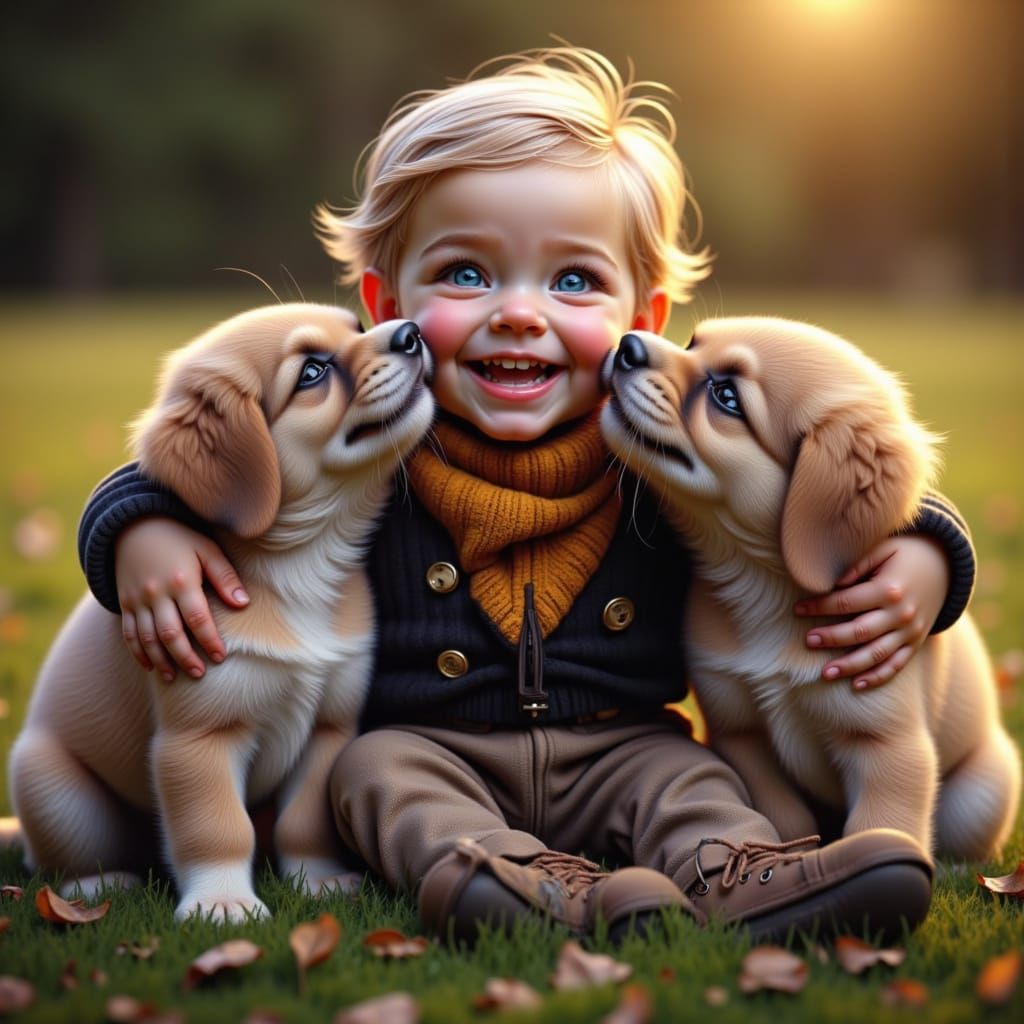 Boy and Puppies in Golden Light: Photorealistic Joy