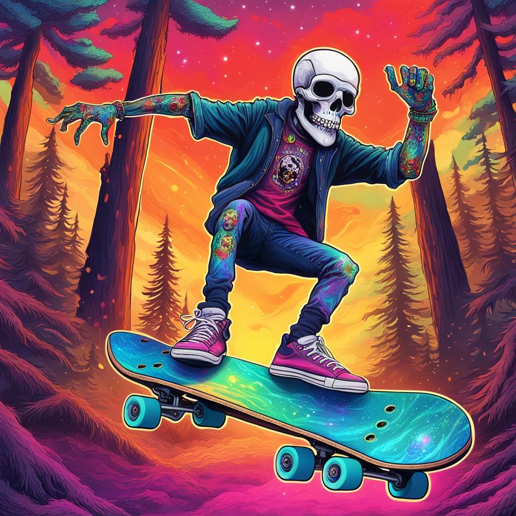 Punk Rock Skeleton Shreds in Holographic Illustration