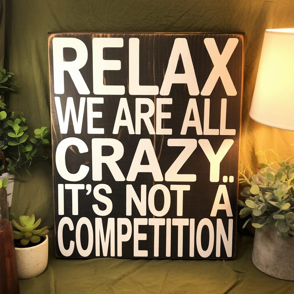 Humorous Wooden Sign on Green Background