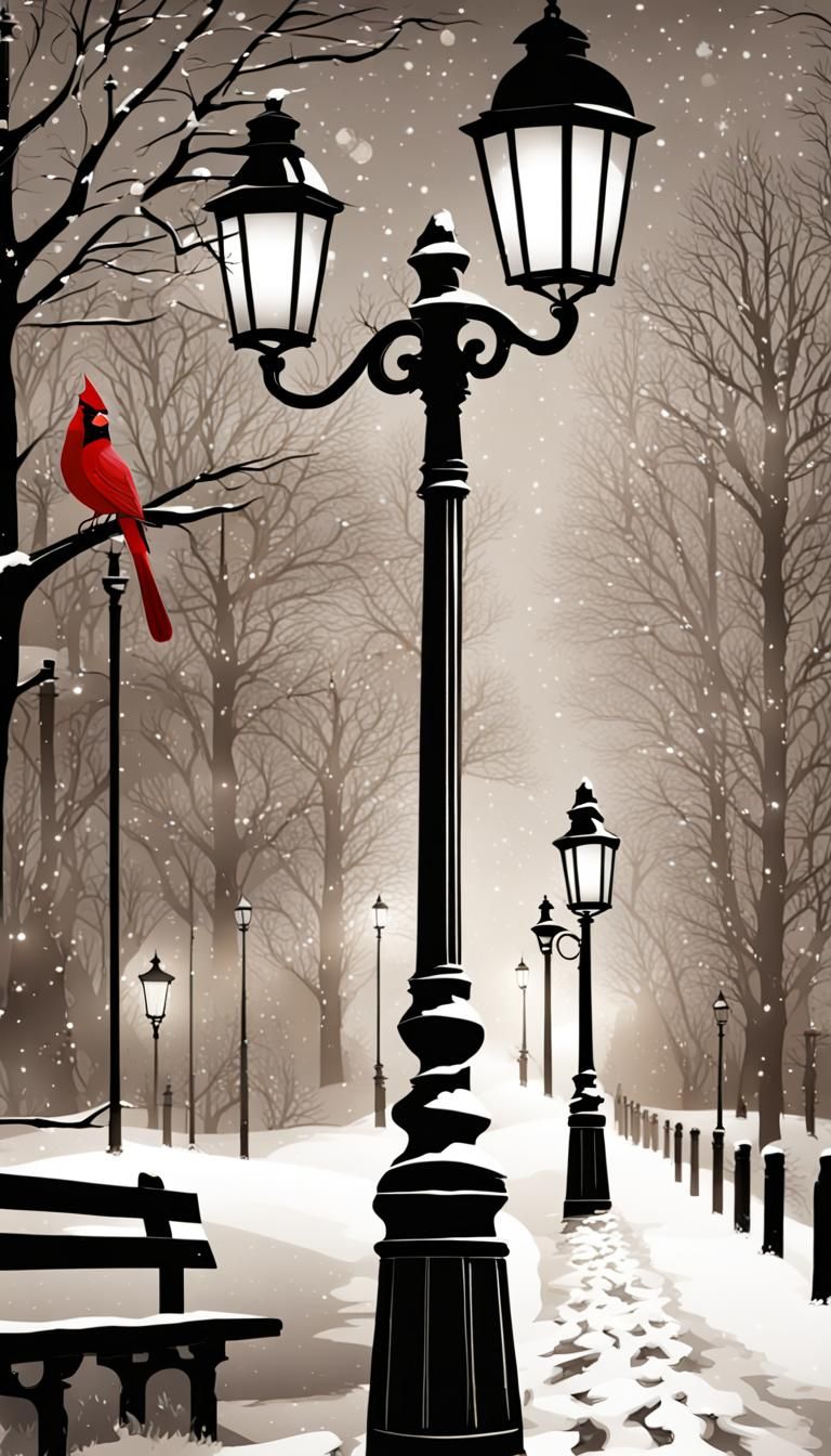 Christmas Card Scene with Cardinals and Deer