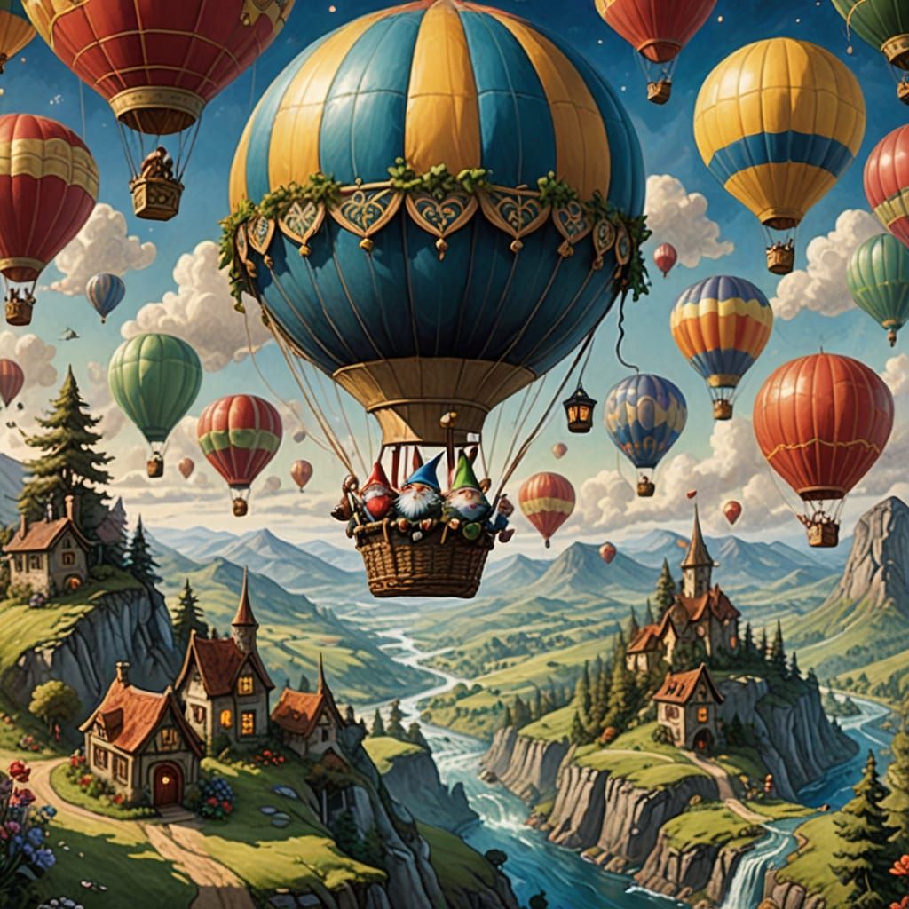 Gnomes in Mushroom Balloon Over Enchanted Landscape