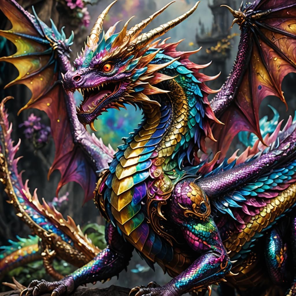 Iridescent Rainbow Dragon in Flight, Fantasy Art