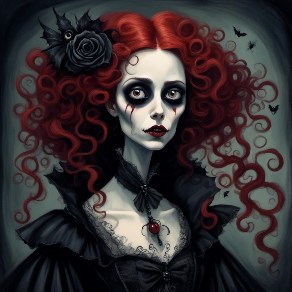 Gothic Vampire Lady Portrait in Tim Burton Style