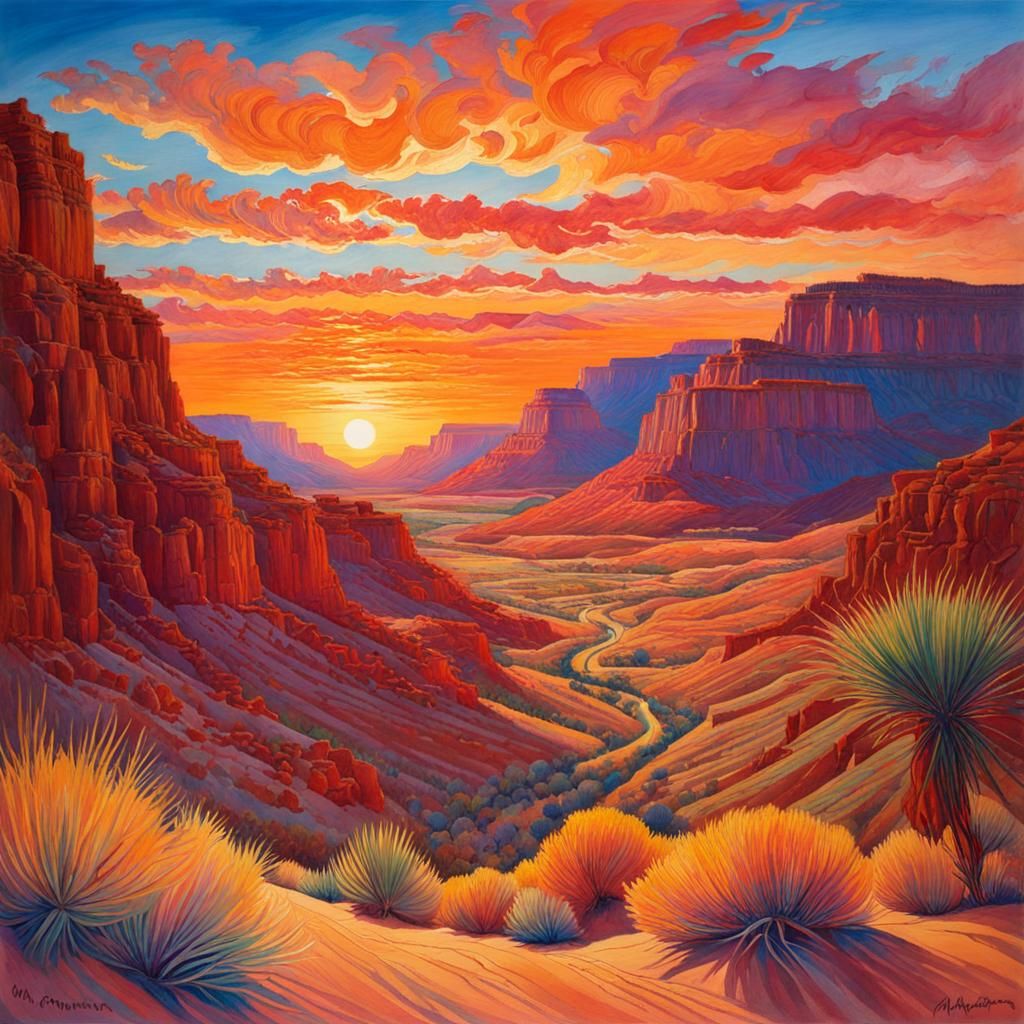 Desert Canyon Sunset in Gouache Watercolor Style