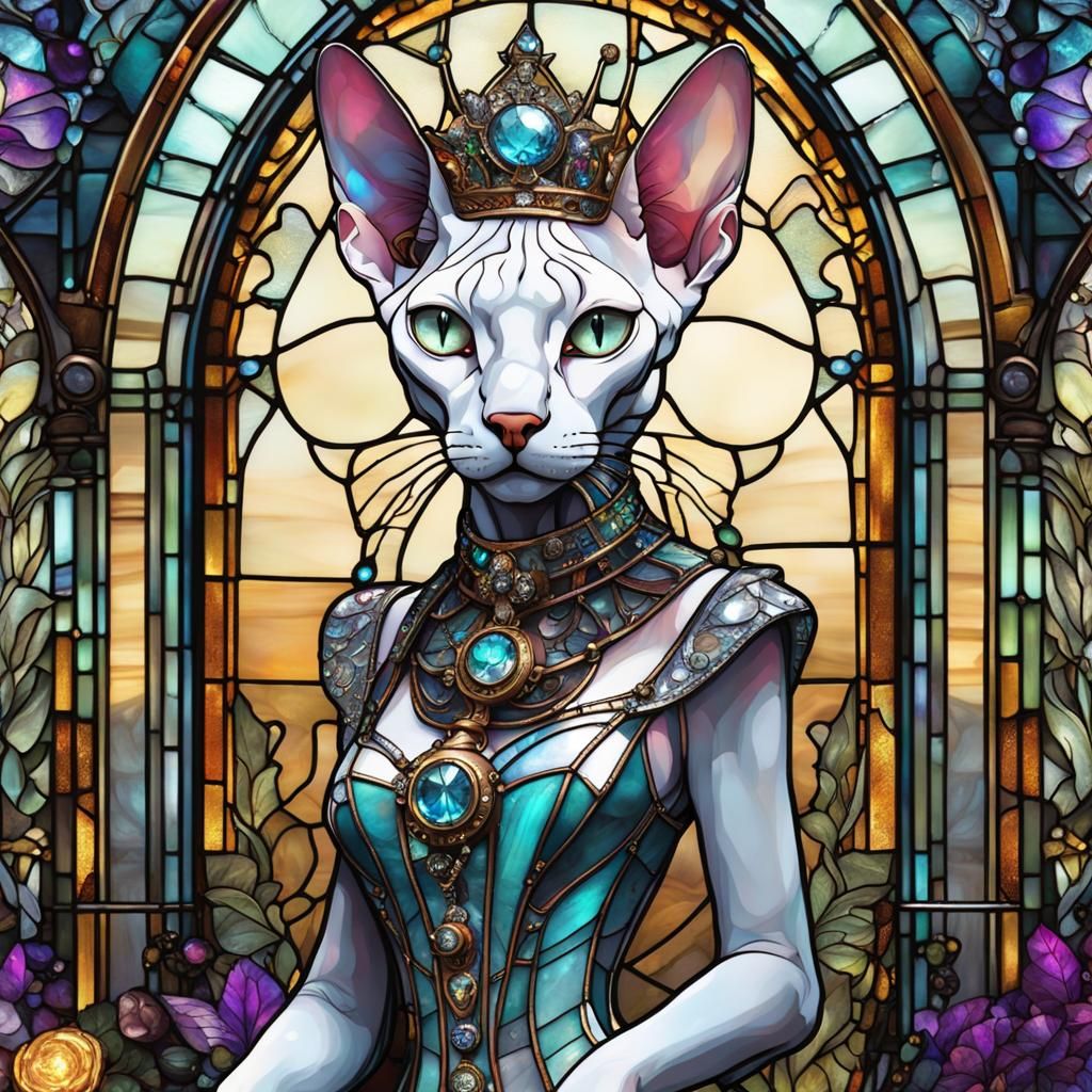 Steampunk Sphynx Cat Queen Stained Glass in Candy Art