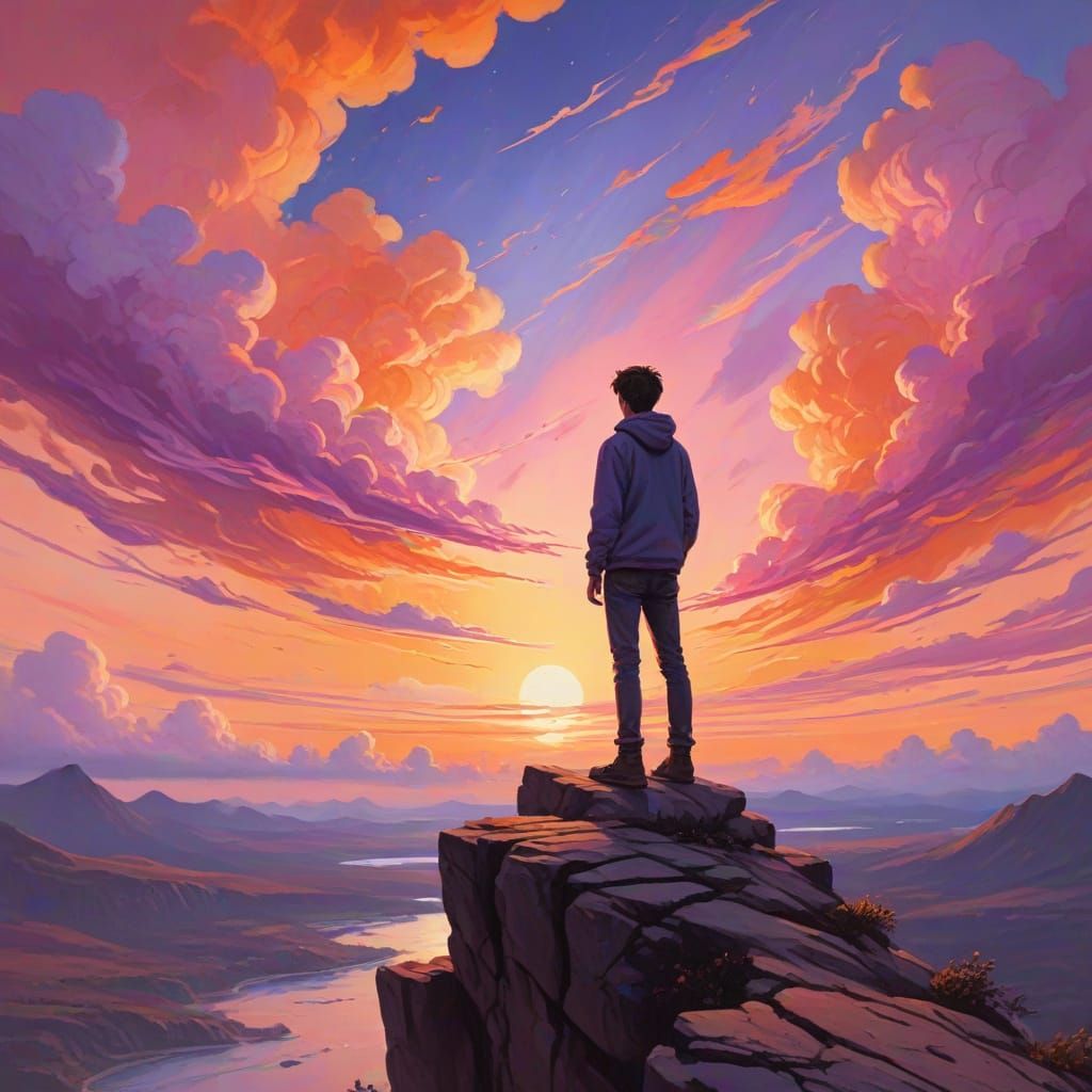 Teenager at Sunset: A Vibrant Gouache Painting