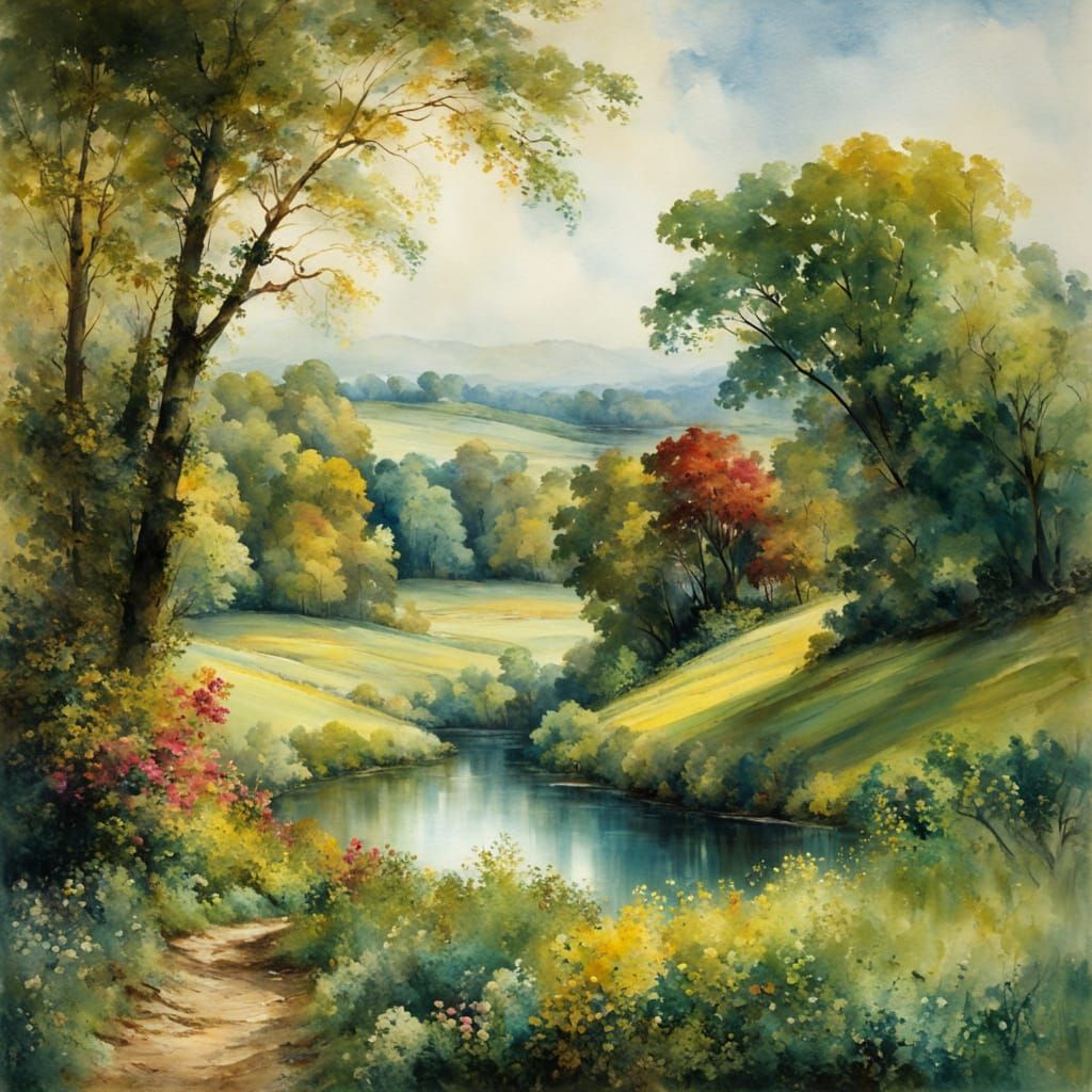 Whimsical Watercolor Valley in Jewel Tones