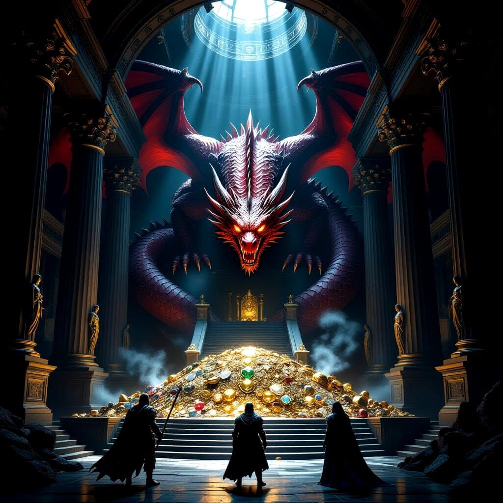 Dragon Guarding Treasure in Dark Hall