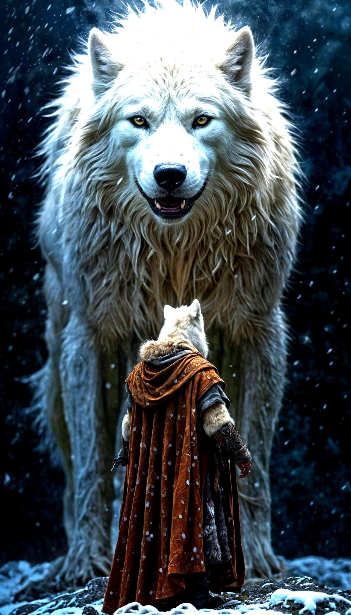 Viking Warrior and Giant White Wolf