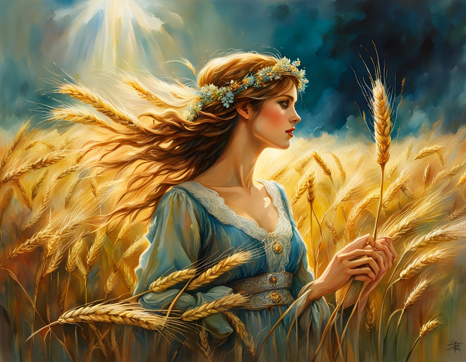 Radiant Wheat Field with Woman in Watercolor Style
