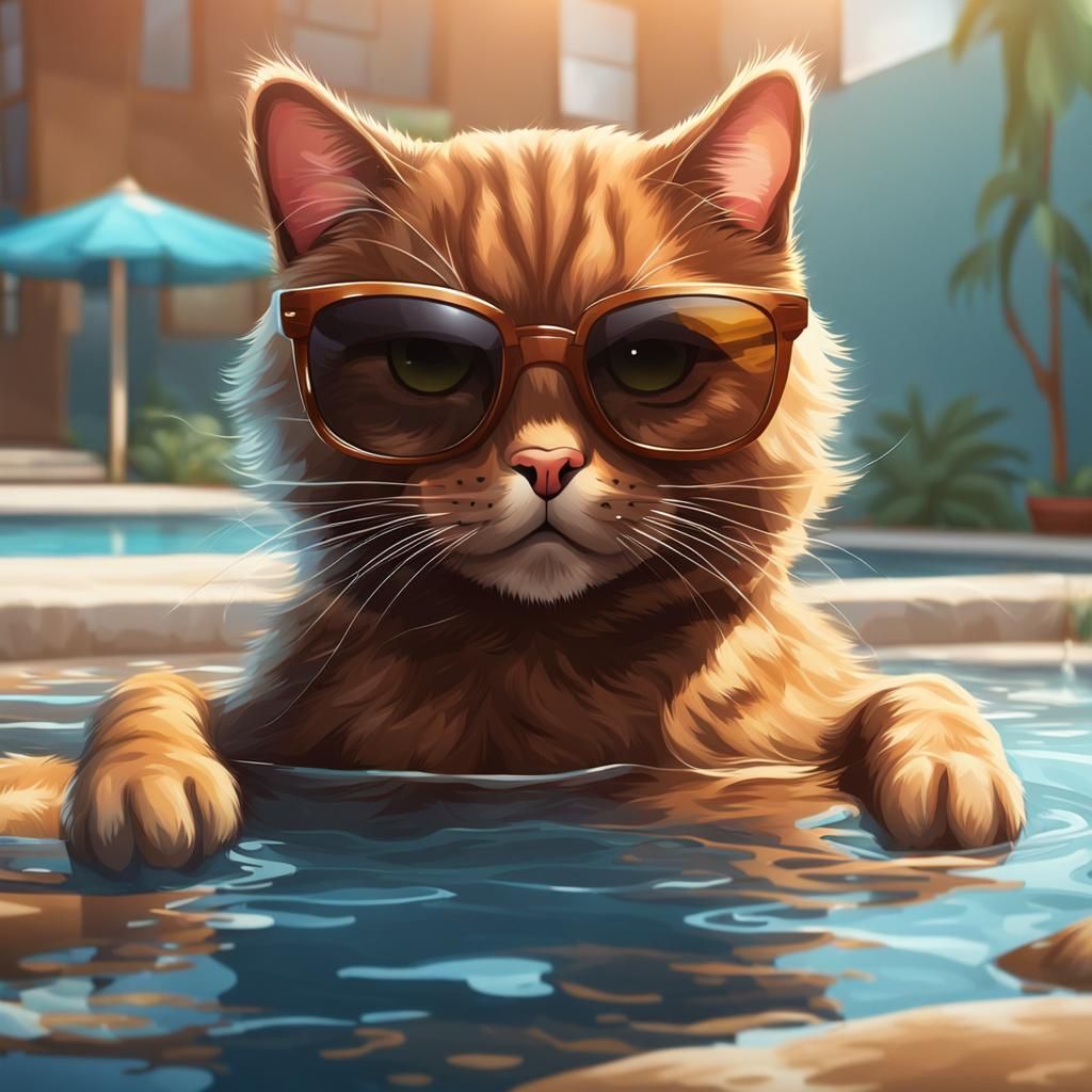 Cat with Sunglasses Swimming: A Realistic Image