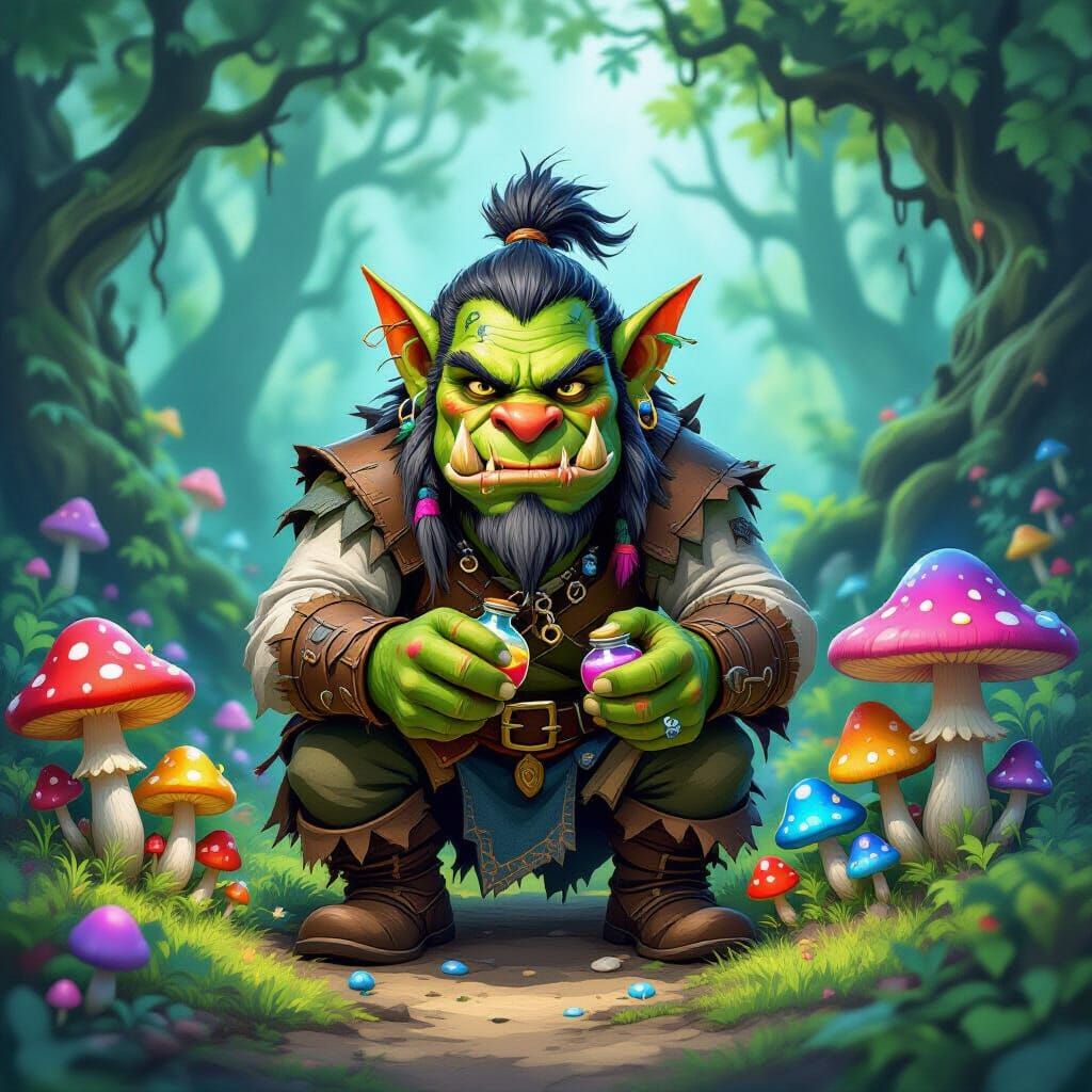 Mischievous Orc Poisons Whimsical Mushrooms in Enchanted For...