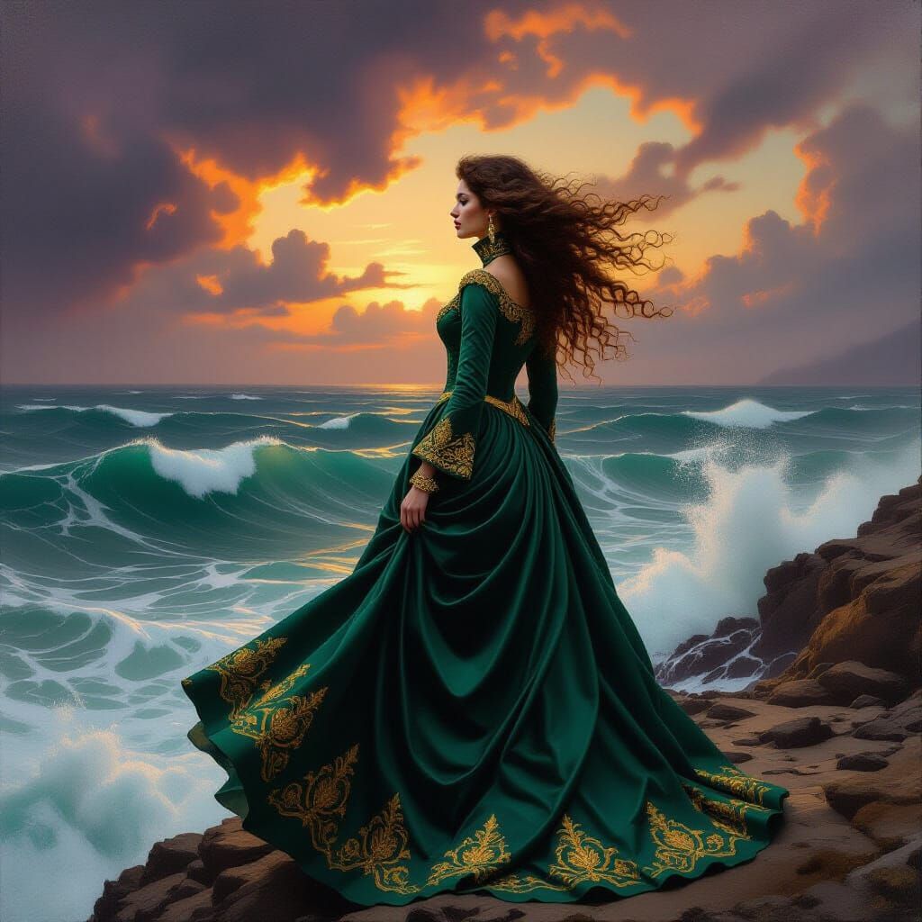 Emerald Gown on Windswept Cliff: Oil Painting