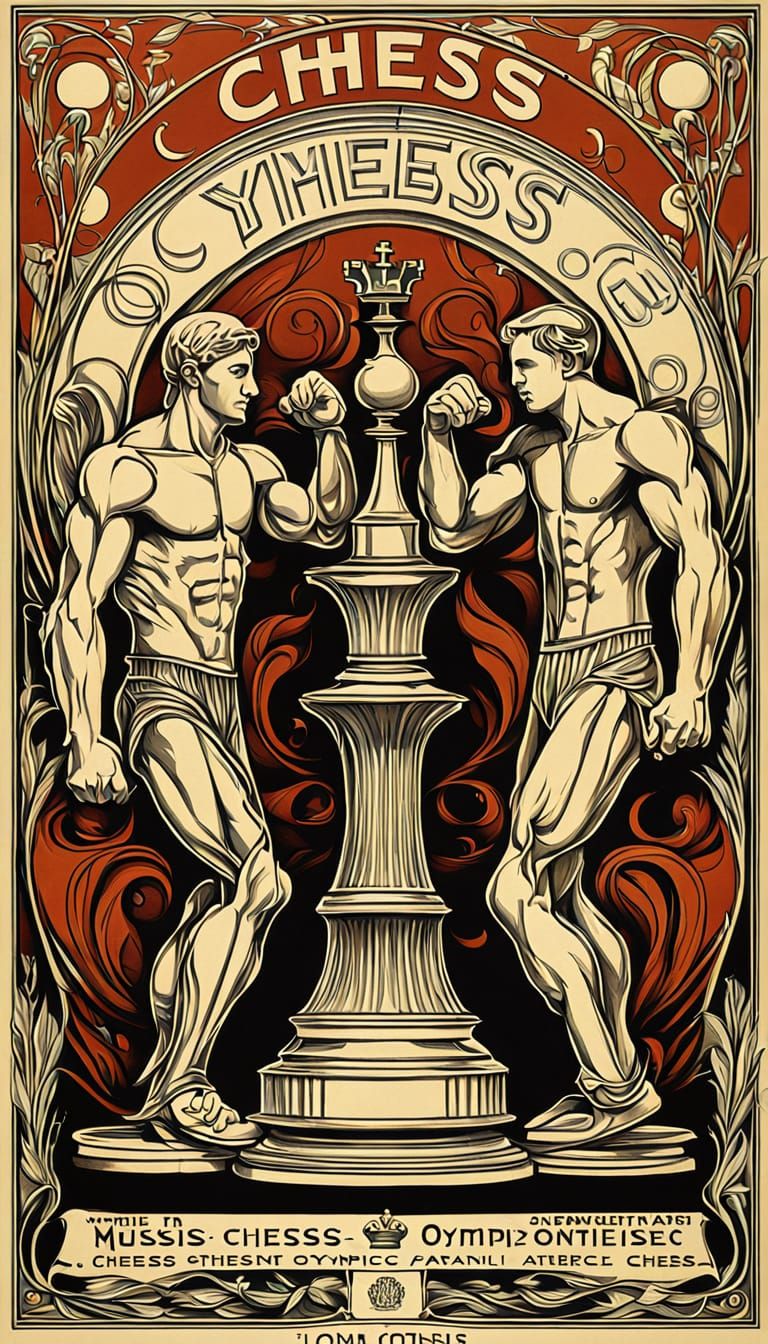 Art Nouveau Chess Olympiad Poster with Athletic Figures