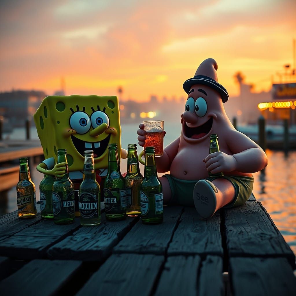 Spongebob Squarepants and Patrick Star in a Summer Sunset Be...