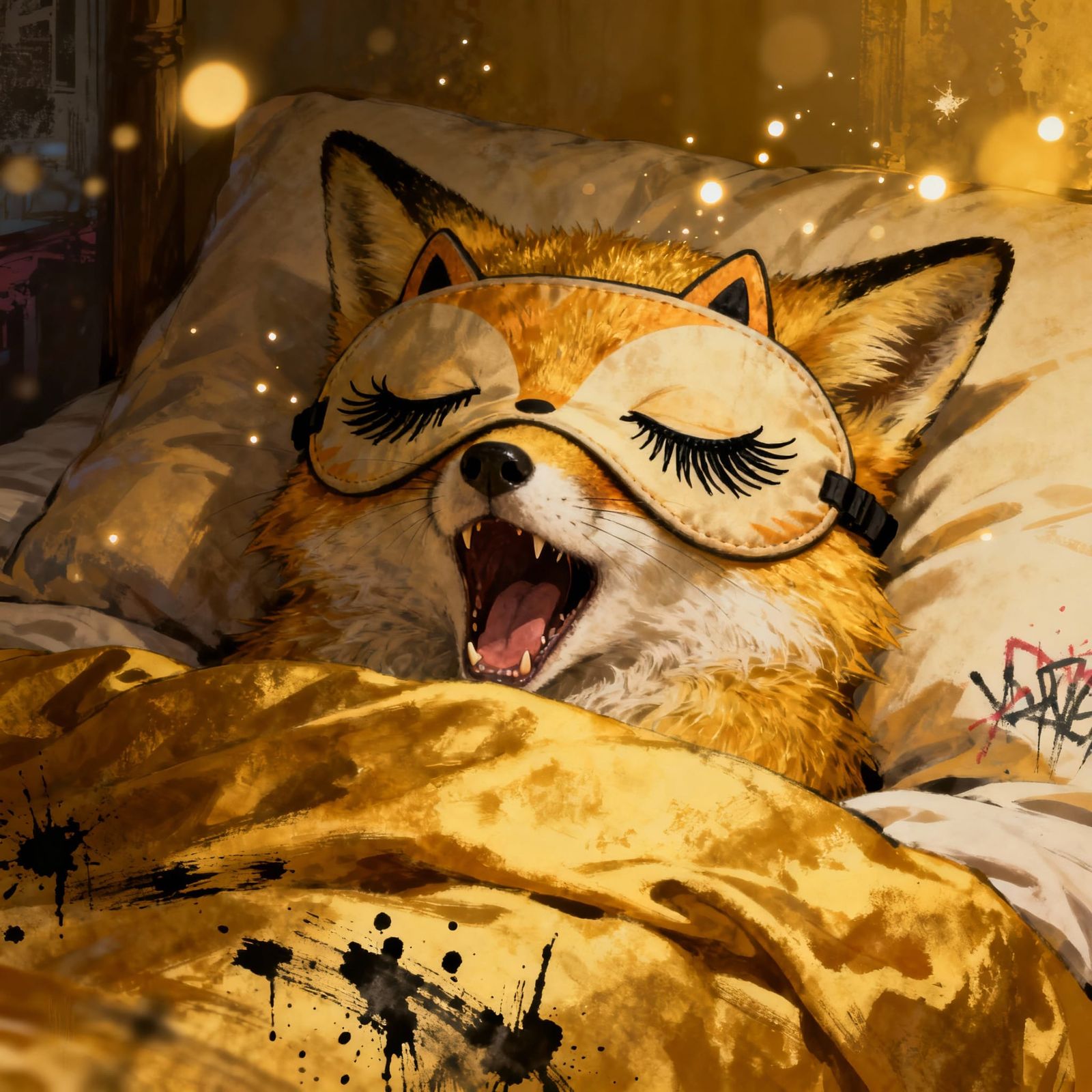 Golden Fox in Dreamy Bed, Surreal Collage Art