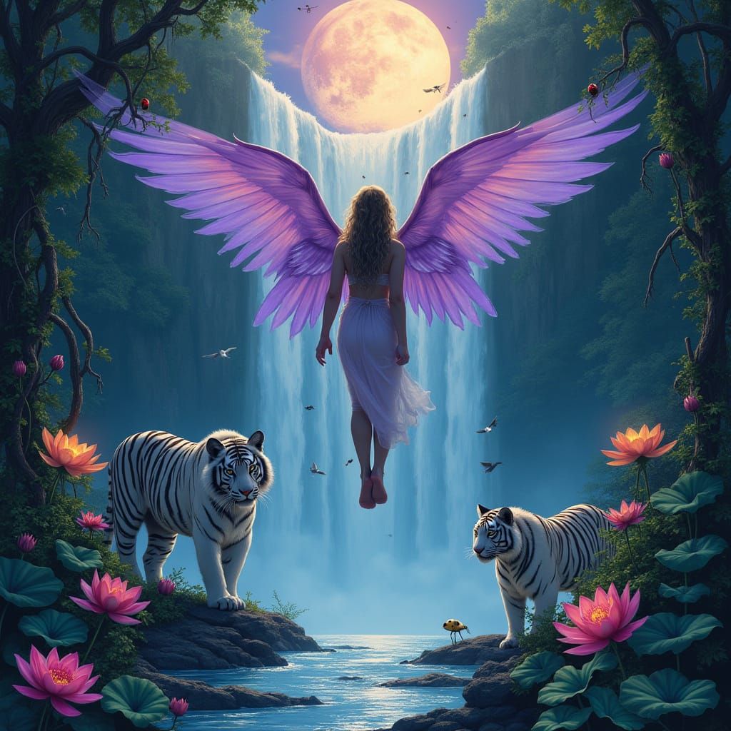 Angel Among Waterfalls with Tigers and Moon