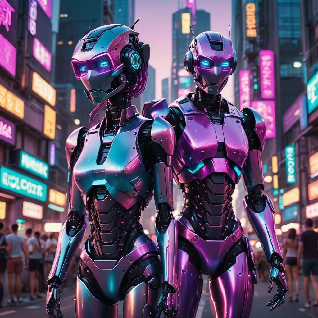 Robotic Mascots in Cyberpunk Cityscape