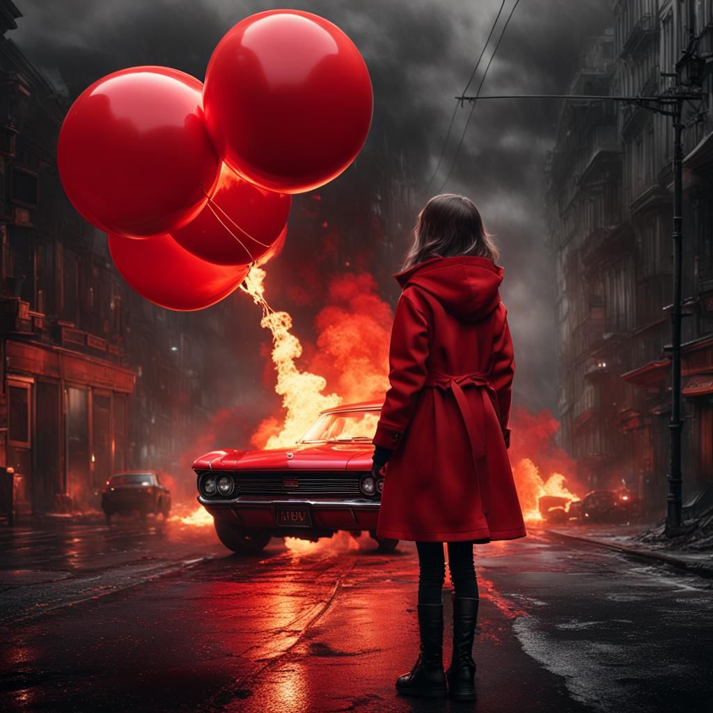Girl with Balloon by Burning Car: Detailed Digital Art