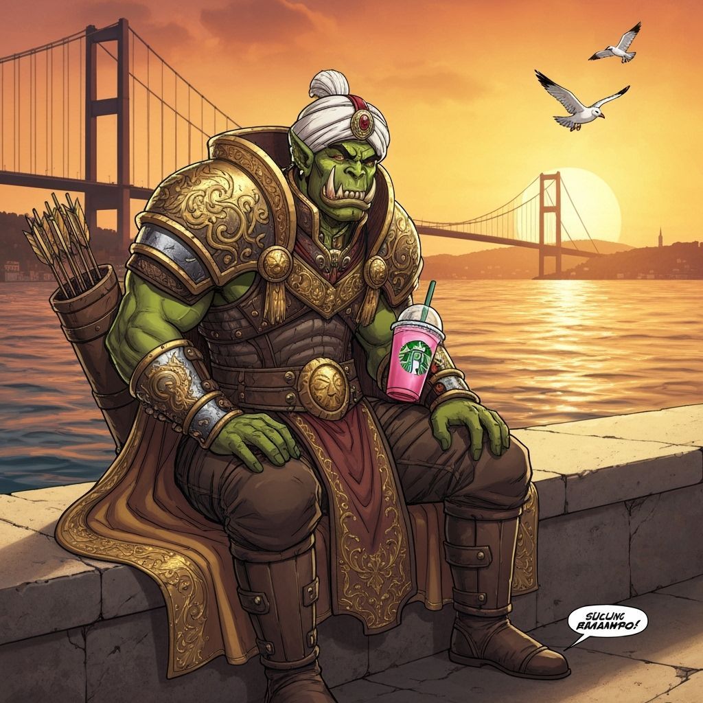 Orc Hunter Sipping Starbucks on Bosphorus, Comic Style